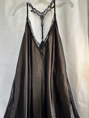 Black Satin Racerback Chemise Slip Nightgown with Lace Trim 2X